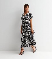 New Look Black Leopard Print Satin Short Sleeve Pleated Midi Wrap Dress